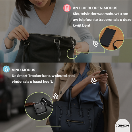 Advertisement for a key finder device with 'Anti-Lost Mode' and 'Find-It Mode' features, featuring a woman using the device.
