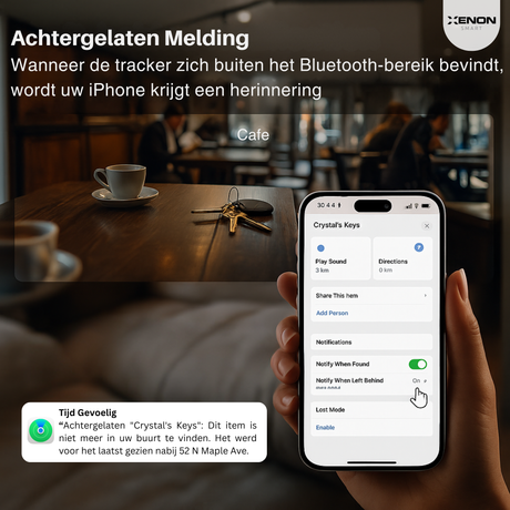 Smartphone displaying app interface with 'Left-behind Notification' feature in a cafe setting.