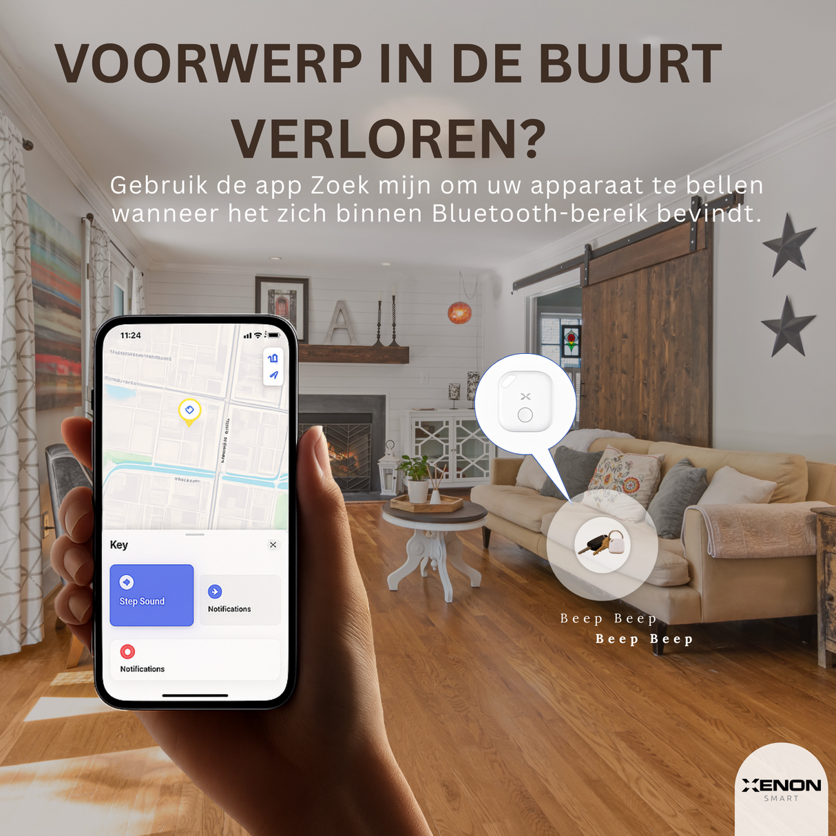 Smart home app on a smartphone with a living room background, promoting an item location service.