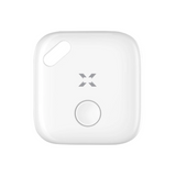 White square device with a circular button and logo on a white background