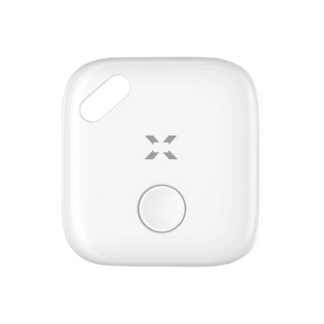White square device with a circular button and logo on a white background