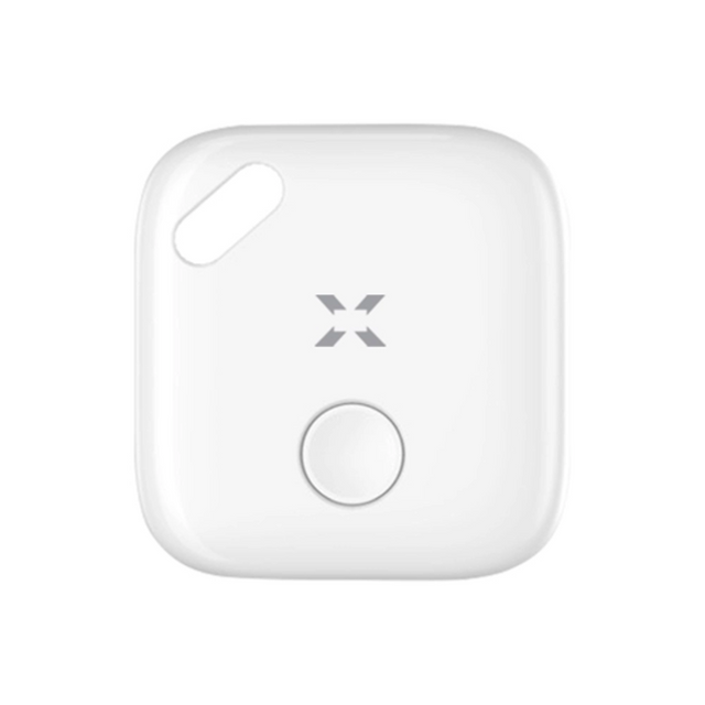 White square device with a circular button and logo on a white background