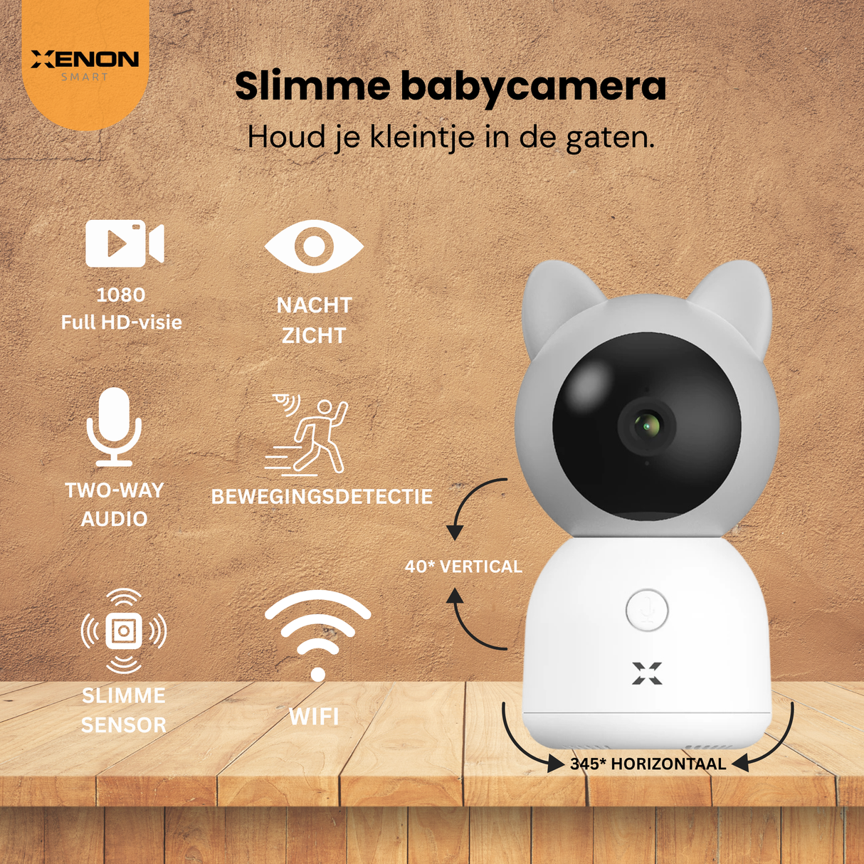 Xenon Smart baby camera with features on a wooden surface and brown background