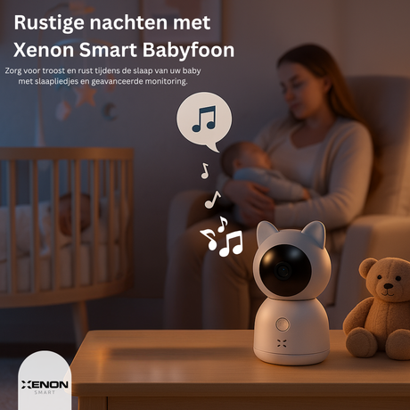 Xenon Smart Baby Monitor with woman holding baby in a dimly light room