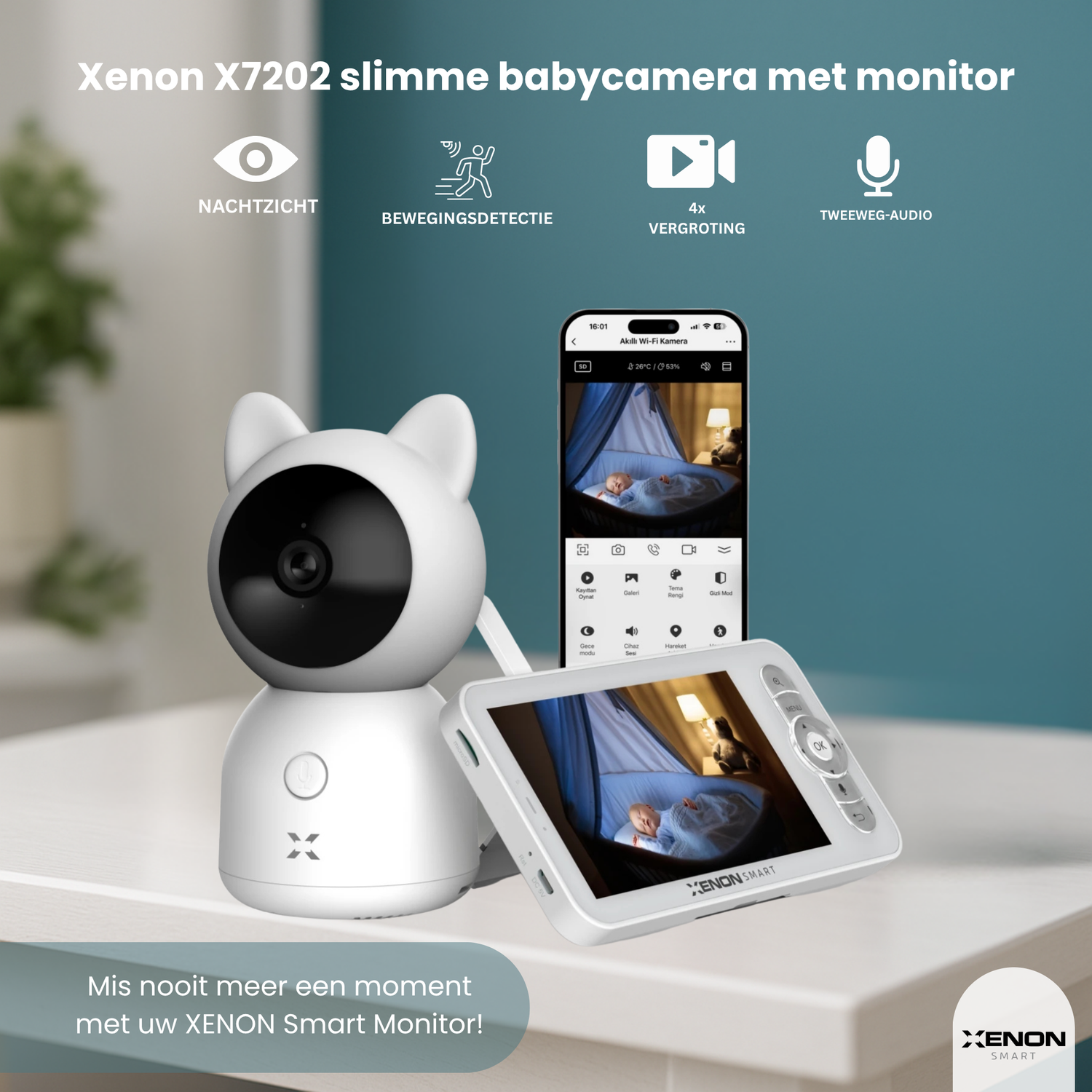 Xenon X7202 smart baby monitor with camera and display on a table.