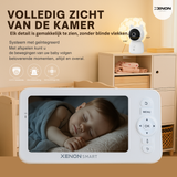 Xenon Smart baby monitor displaying a sleeping baby in a room setting with text about its features.