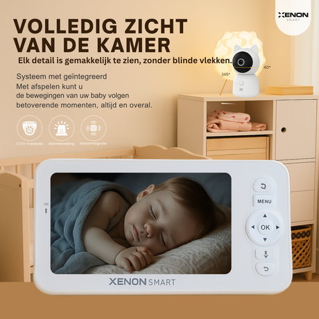 Xenon Smart baby monitor displaying a sleeping baby in a room setting with text about its features.