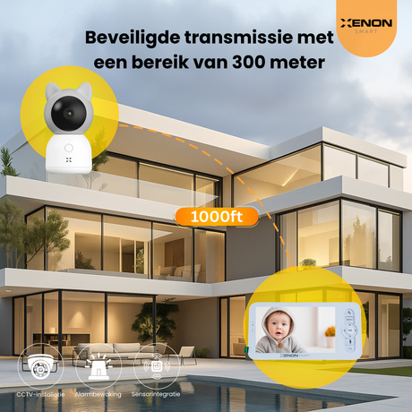 Modern house with security camera and monitor displaying a child, featuring Xenon brand.