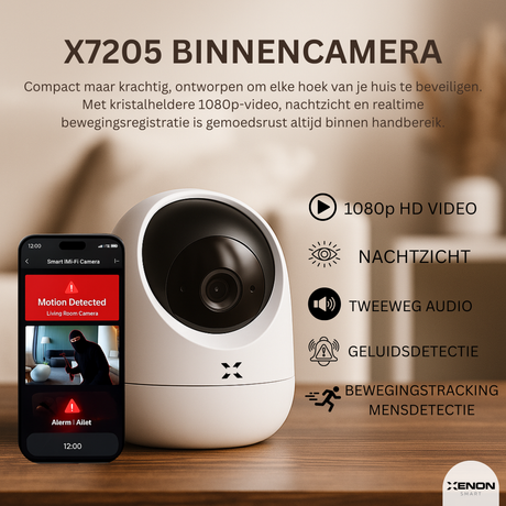 XENON X7205 indoor camera with smartphone app and Features on a wooden surface