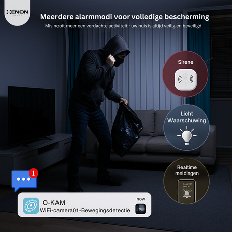 Advertisement for Xenon home security system showing a thief in a dark room with text about multi alarm modes.