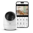 Smart home security camera with smartphone displaying camera feed on a white background