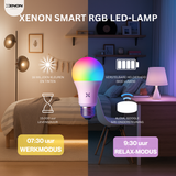 XENON SMART RGB LED bulb with features and modes displayed in a bedroom setting.