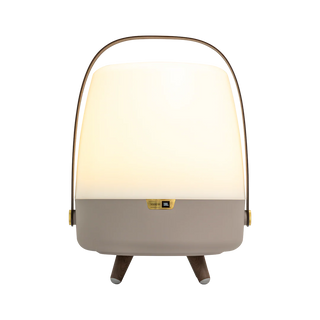 Kooduu Lite-up PLAY Earth draagbare LED-lamp met JBL-speaker – lamp met taupe voet en houten pootjes